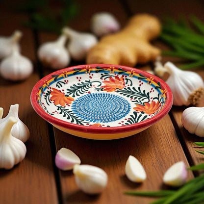 Handmade ceramic garlic grater bowl in Coral Garden design. Large 7” size, perfect for garlic, ginger & spices. Vibrant floral style, dishwasher safe.