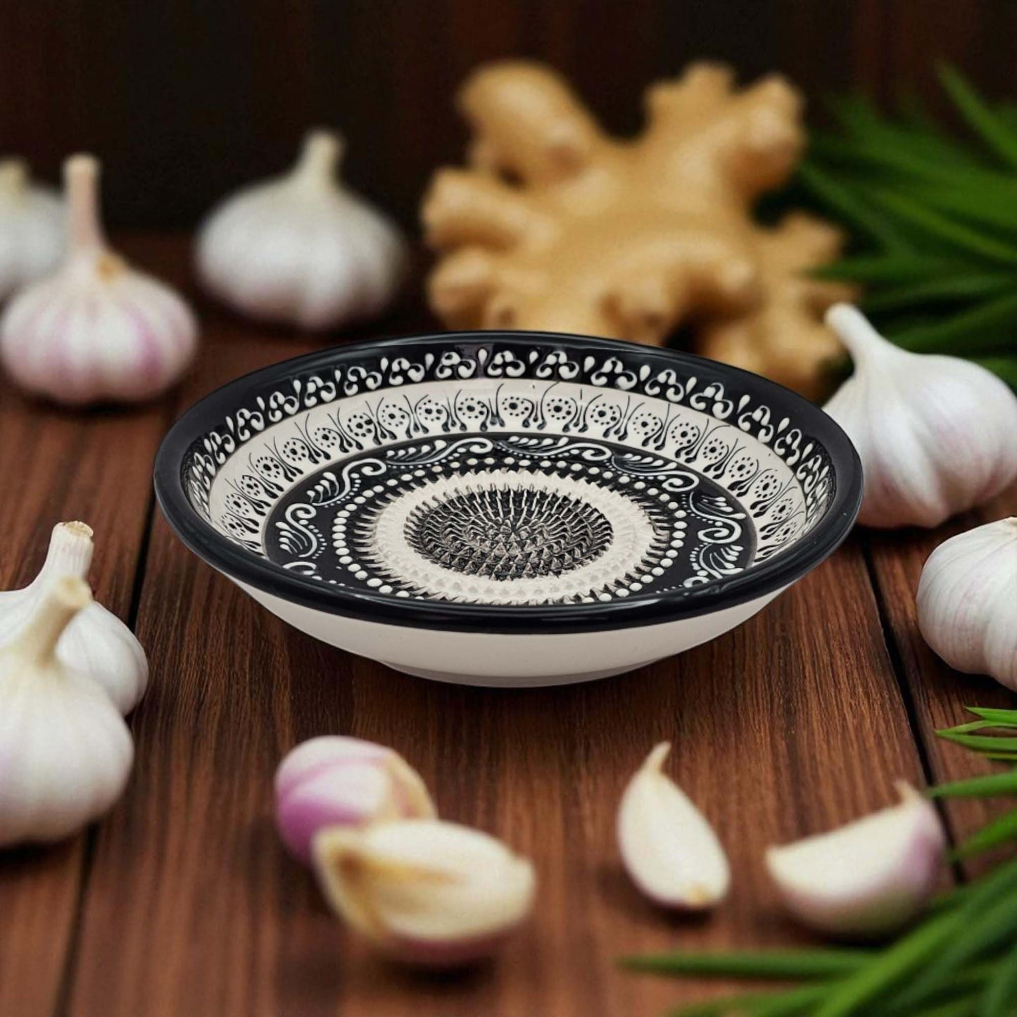 Handmade ceramic garlic grater bowl in Moonlight Maze design. Large 7” size, perfect for garlic, ginger & spices. Elegant monochrome style, dishwasher safe.