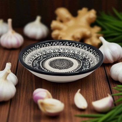Handmade ceramic garlic grater bowl in Moonlight Maze design. Large 7” size, perfect for garlic, ginger & spices. Elegant monochrome style, dishwasher safe.