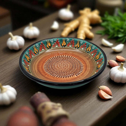 Garlic Grater Bowl, Green Petals Design Grater Plate, 7" Ceramic Garlic Grinder Bowl