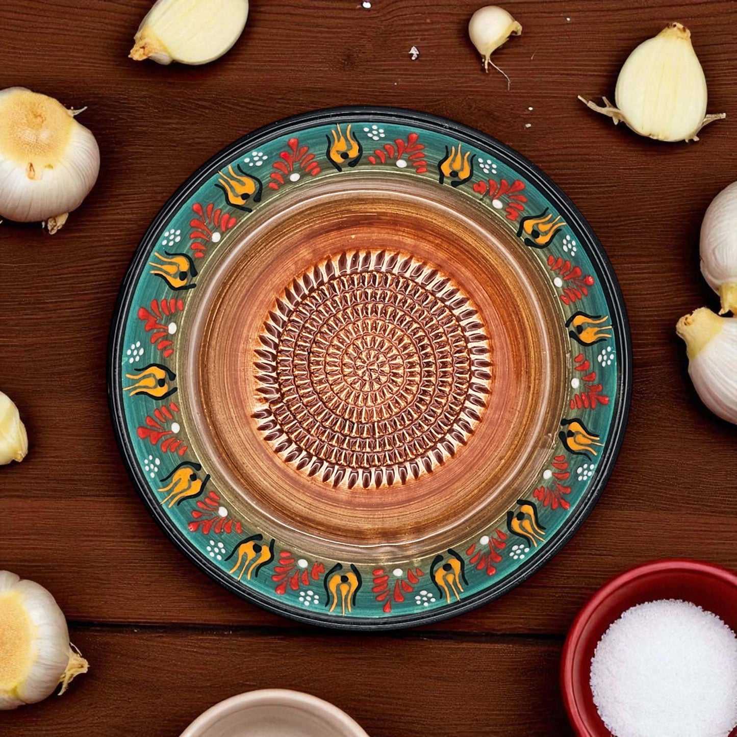 Garlic Grater Bowl, Green Petals Design Grater Plate, 7" Ceramic Garlic Grinder Bowl