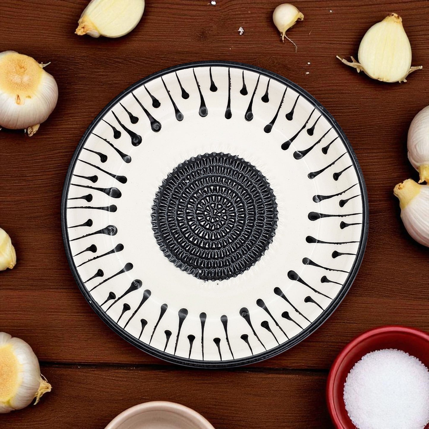 Garlic Grater Bowl, Black Drops Grater Plate, 7" Ceramic Garlic Grinder, Decorative Grater Bowl