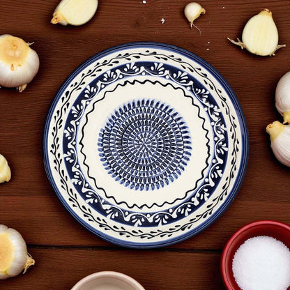 Handmade ceramic garlic grater bowl in Marine Vines design. Large 7” size, perfect for garlic, ginger & spices. Elegant artisan style, dishwasher safe.