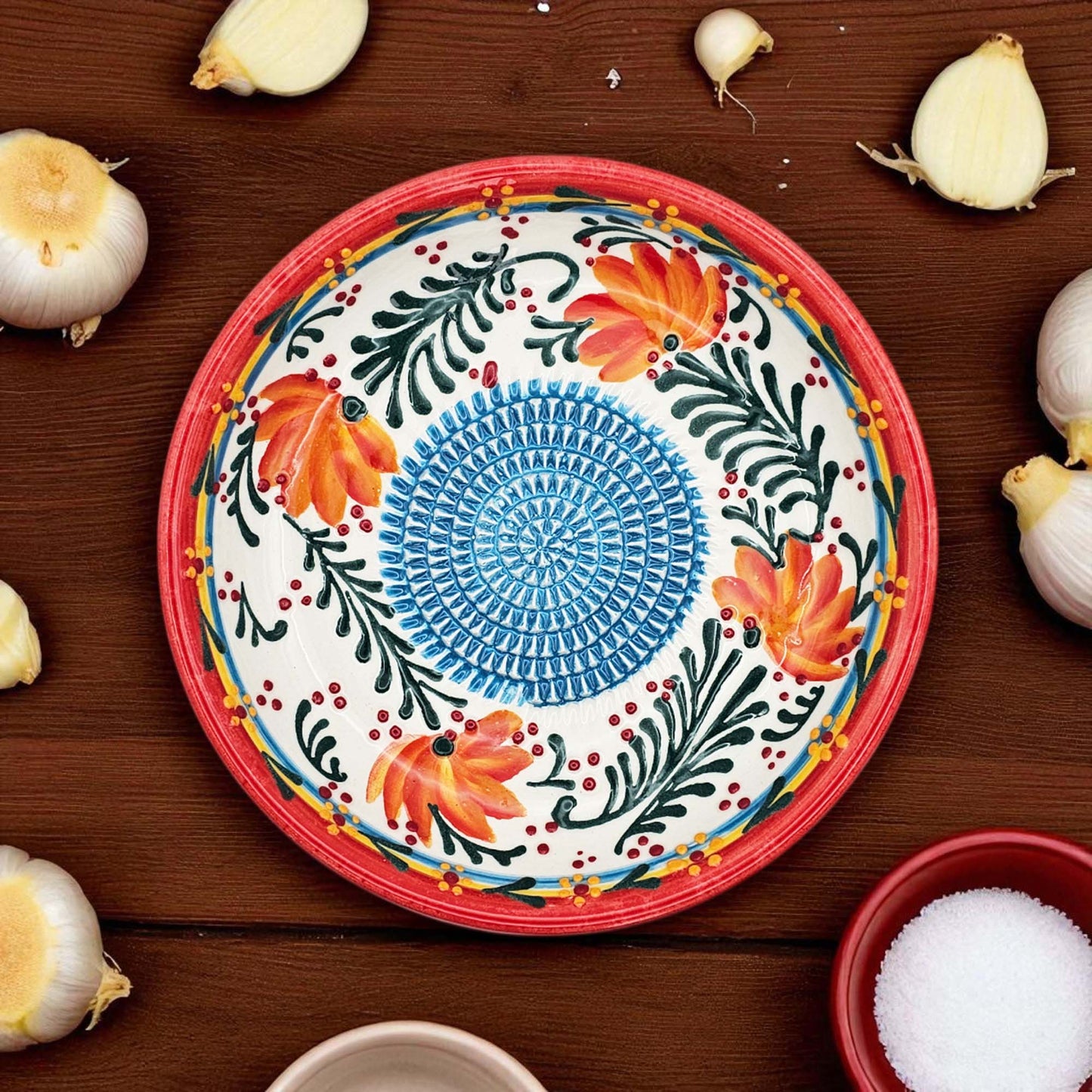 Handmade ceramic garlic grater bowl in Coral Garden design. Large 7” size, perfect for garlic, ginger & spices. Vibrant floral style, dishwasher safe.