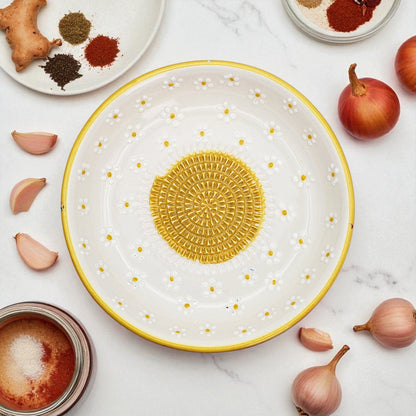 Decorative ceramic garlic grater bowl with yellow center and white rim on a marble surface with spices and onions.