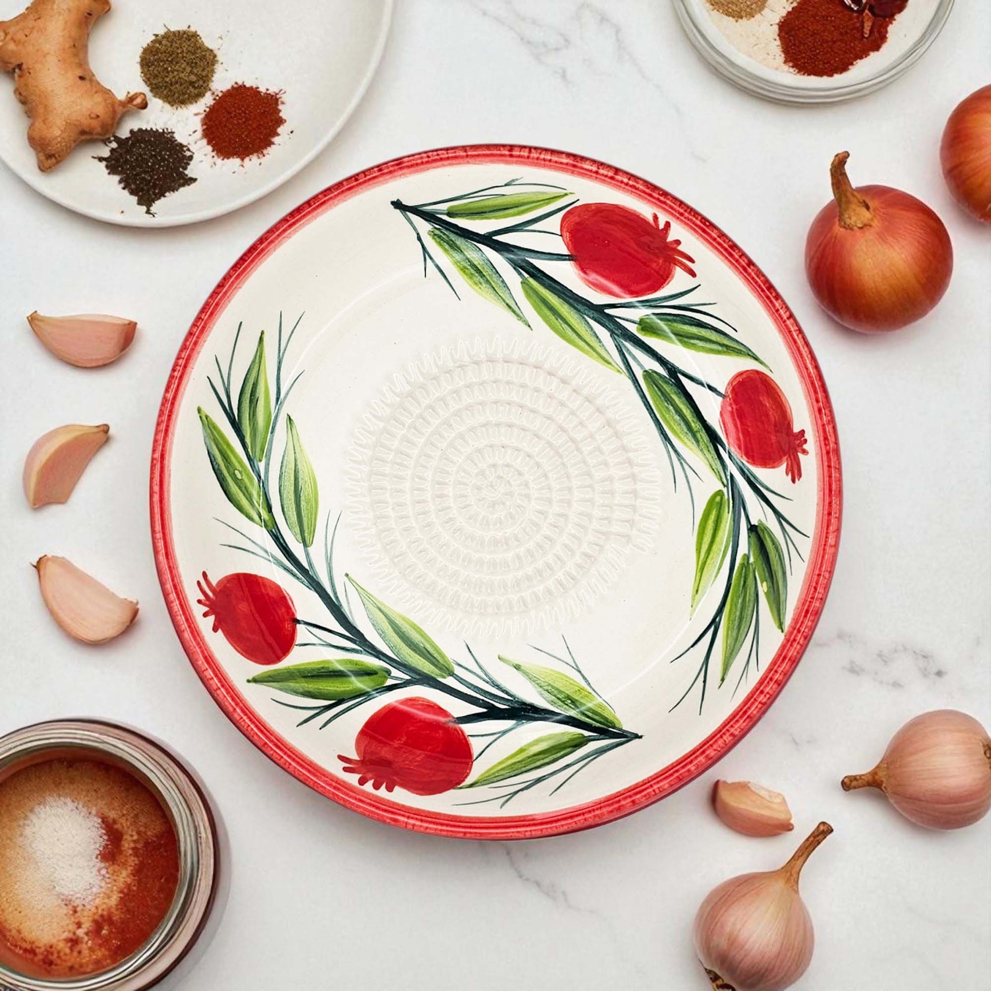 Handmade ceramic garlic grater bowl in Pomegranate Garden design. Large 7” size, perfect for garlic, ginger & spices. Mediterranean artistry, dishwasher safe.