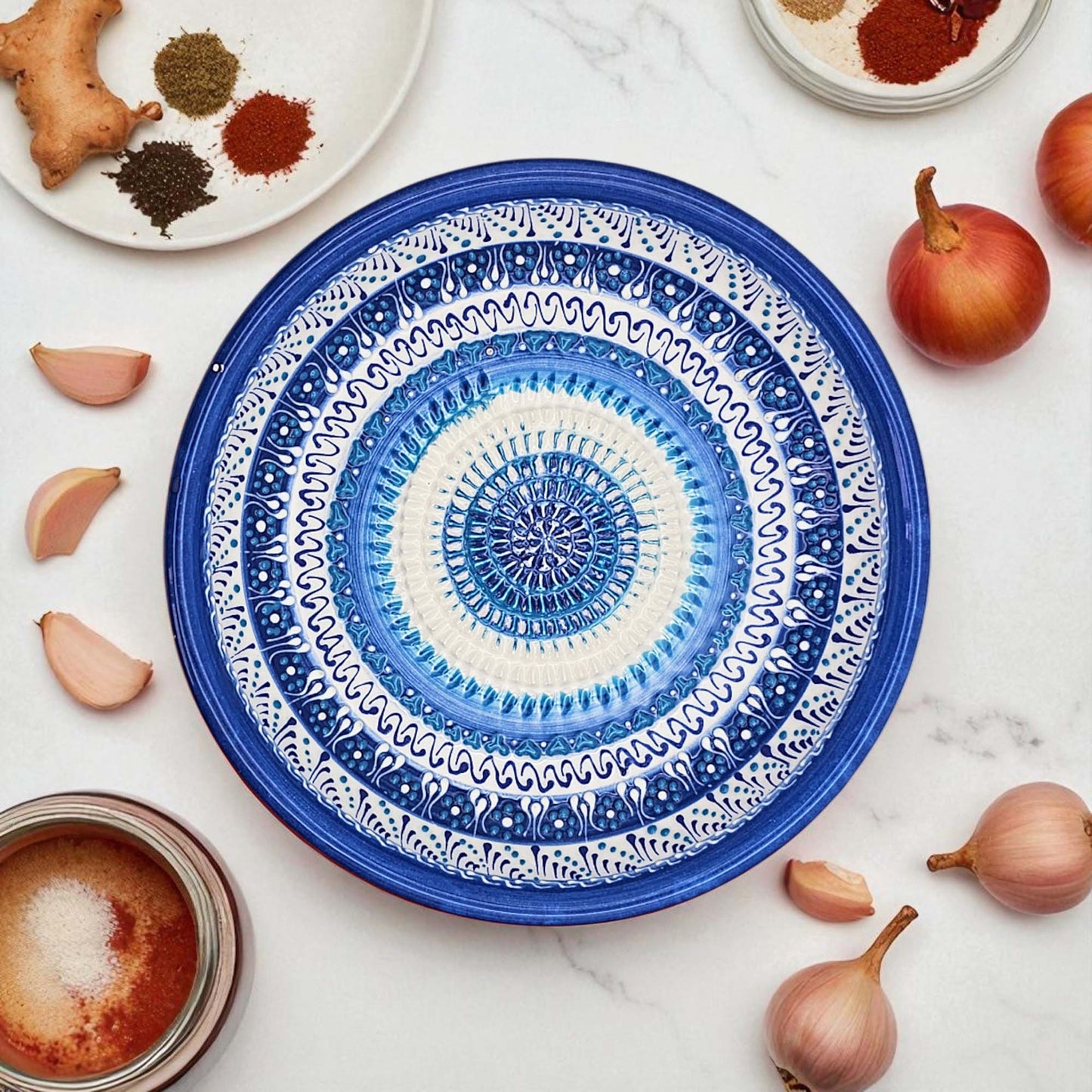 Handmade ceramic garlic grater bowl in Sapphire Dream design. Large 7” size, perfect for garlic, ginger & spices. Mediterranean blue artistry, dishwasher safe.