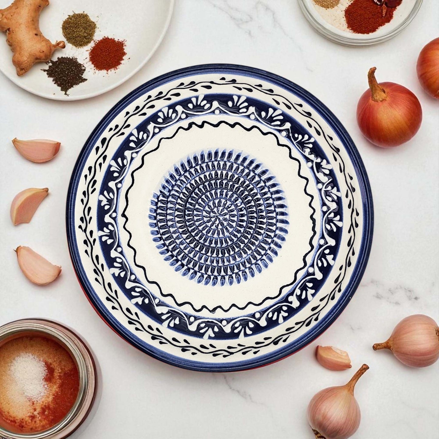 Handmade ceramic garlic grater bowl in Marine Vines design. Large 7” size, perfect for garlic, ginger & spices. Elegant artisan style, dishwasher safe.