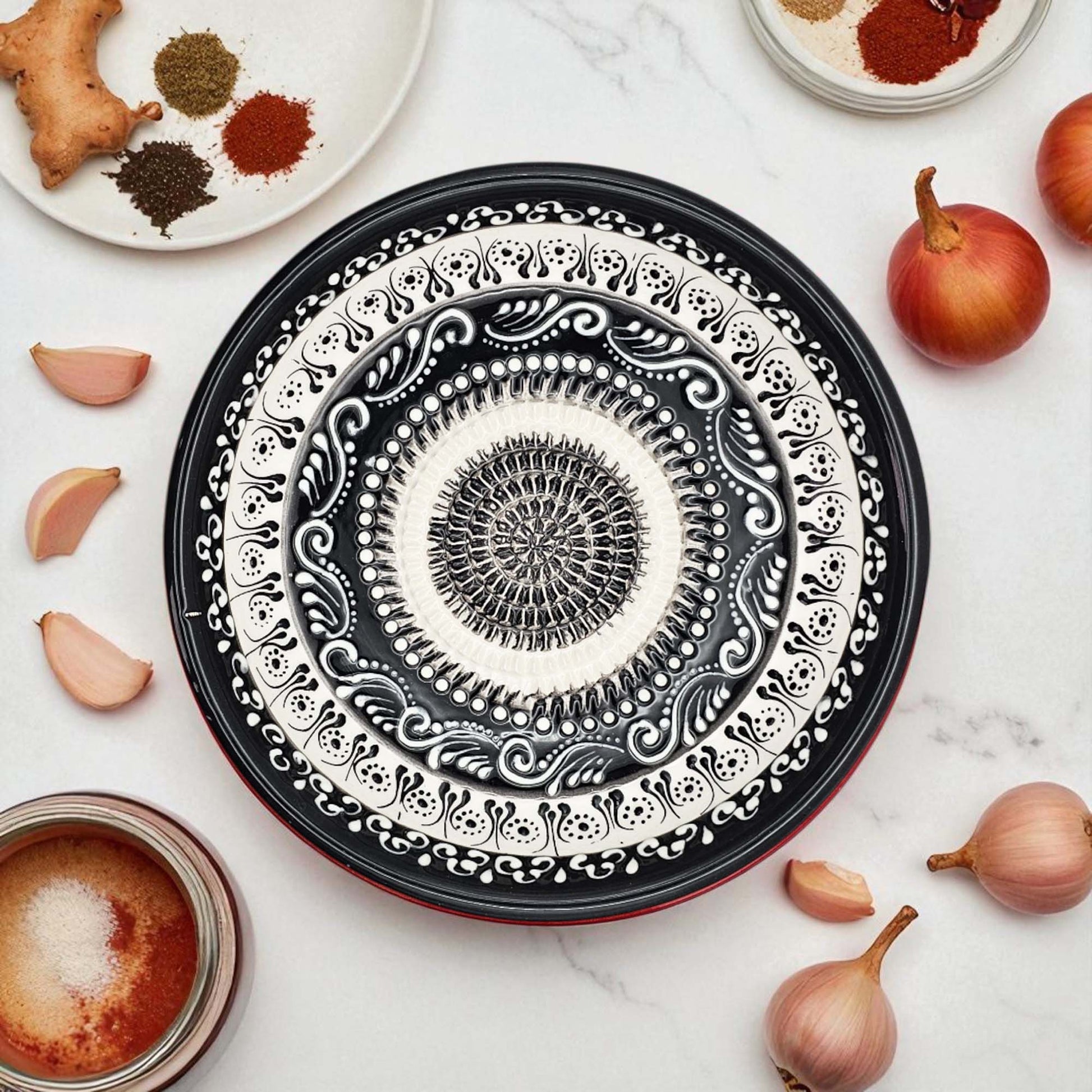 Handmade ceramic garlic grater bowl in Moonlight Maze design. Large 7” size, perfect for garlic, ginger & spices. Elegant monochrome style, dishwasher safe.