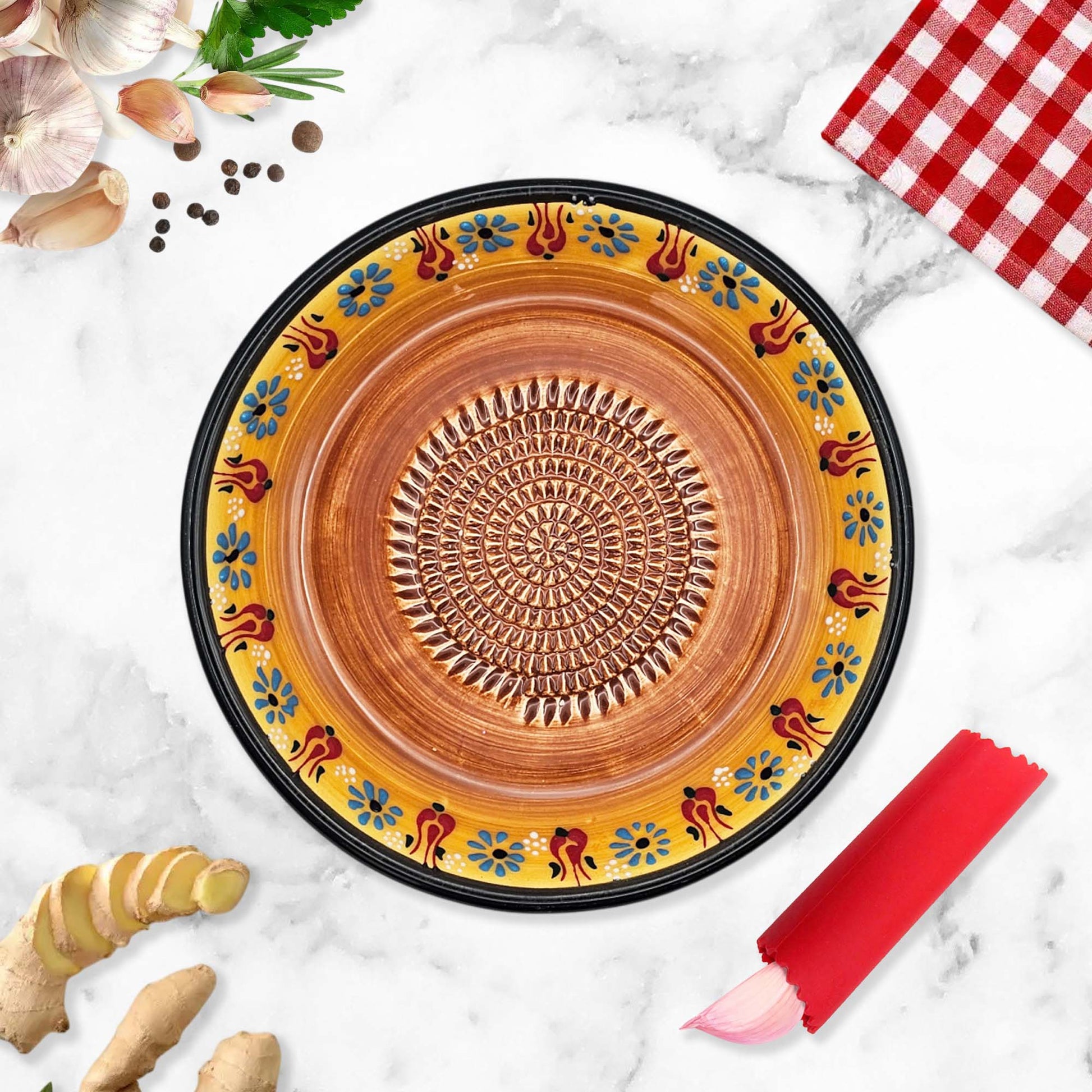Handmade ceramic garlic grater bowl in Saffron Petals design. Large 7” size, perfect for garlic, ginger & spices. Bright artisan style, dishwasher safe.