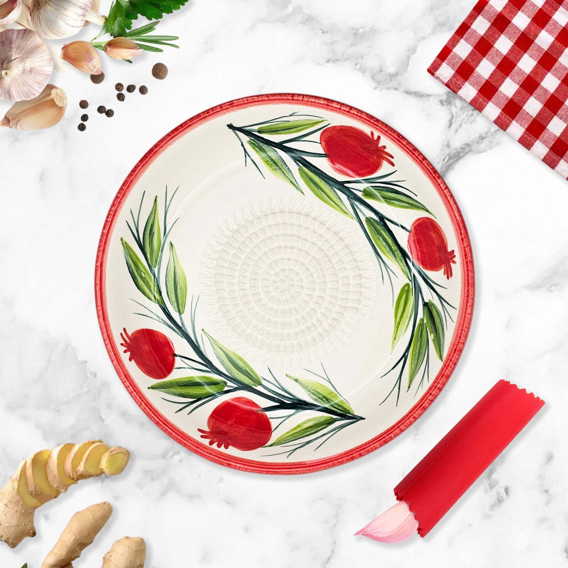 Handmade ceramic garlic grater bowl in Pomegranate Garden design. Large 7” size, perfect for garlic, ginger & spices. Mediterranean artistry, dishwasher safe.