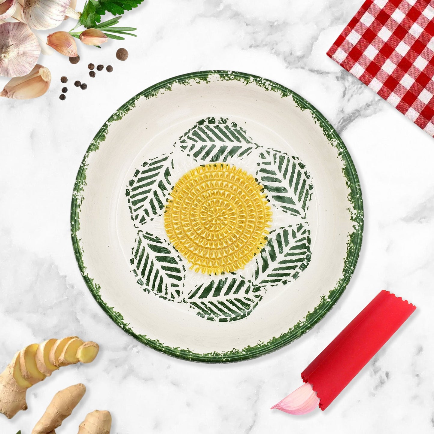 Garlic Grater Bowl, Tropical Green Plate, 7" Ceramic Garlic Grinder, Decorative Grater Bowl
