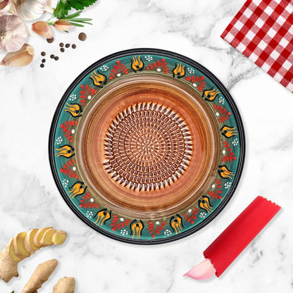 Garlic Grater Bowl, Green Petals Design Grater Plate, 7" Ceramic Garlic Grinder Bowl