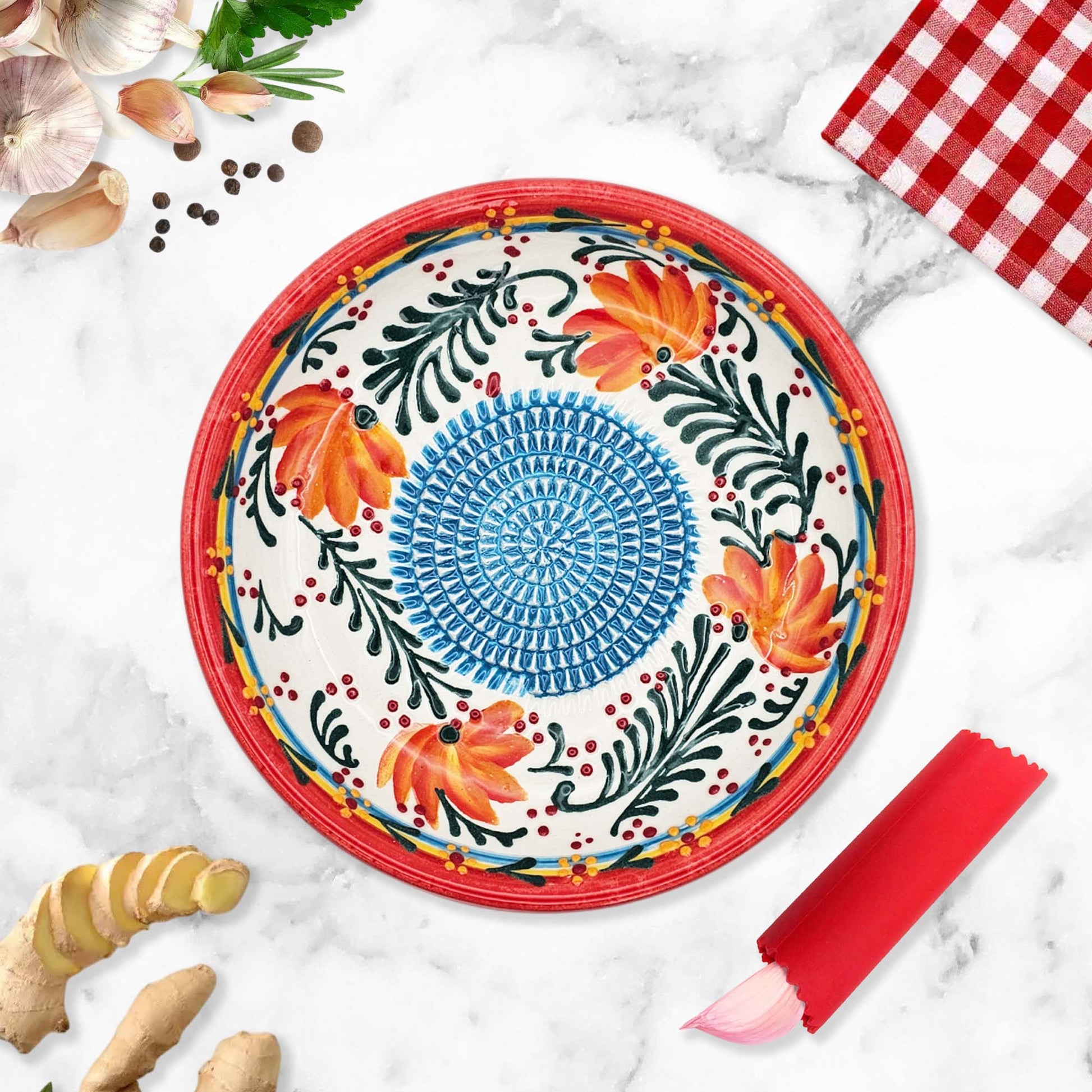 Handmade ceramic garlic grater bowl in Coral Garden design. Large 7” size, perfect for garlic, ginger & spices. Vibrant floral style, dishwasher safe.
