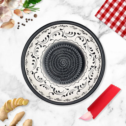 Handmade ceramic garlic grater bowl in Monochrom Swirl design. Large 7” size, perfect for garlic, ginger & spices. Minimalist artisan style, dishwasher safe.