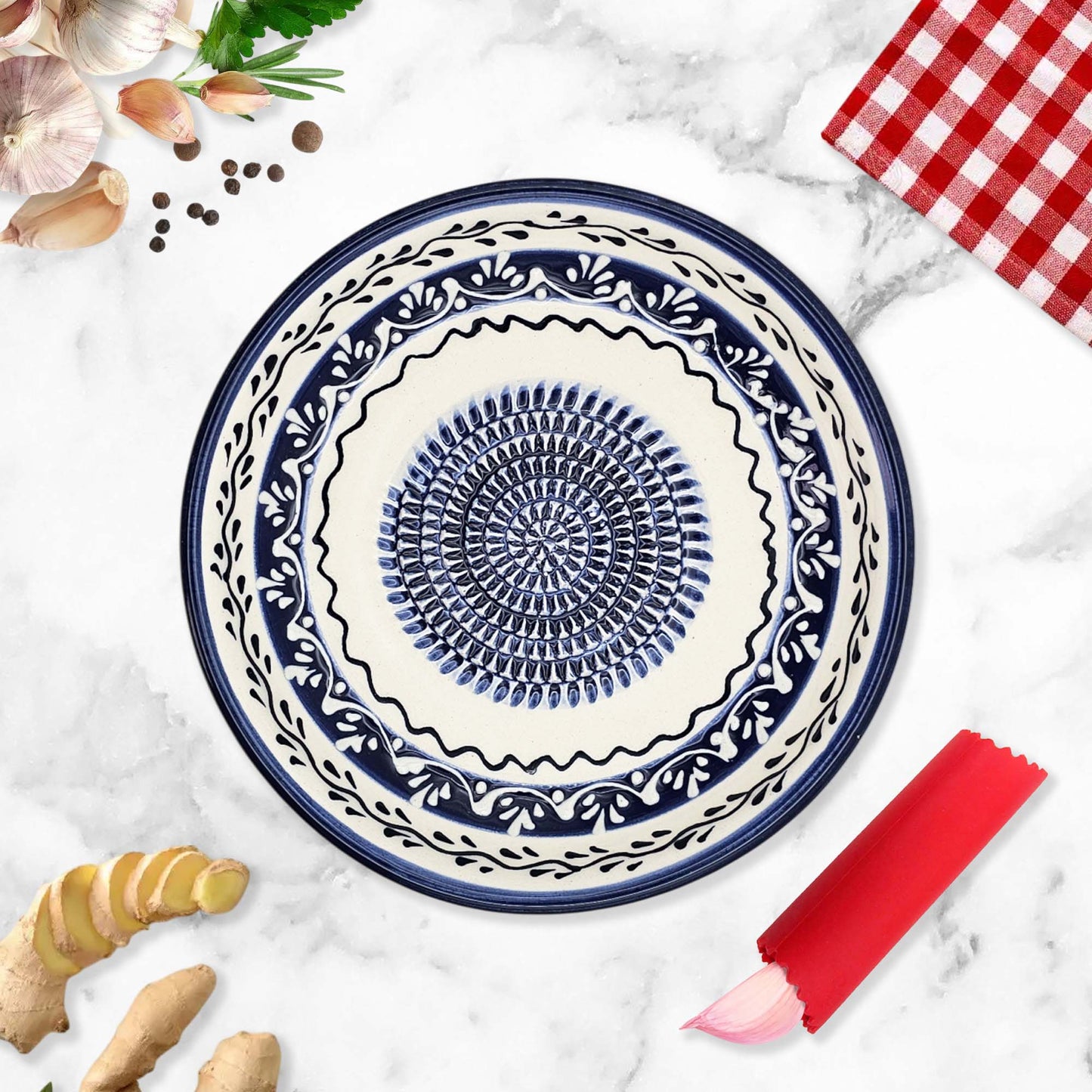 Handmade ceramic garlic grater bowl in Marine Vines design. Large 7” size, perfect for garlic, ginger & spices. Elegant artisan style, dishwasher safe.