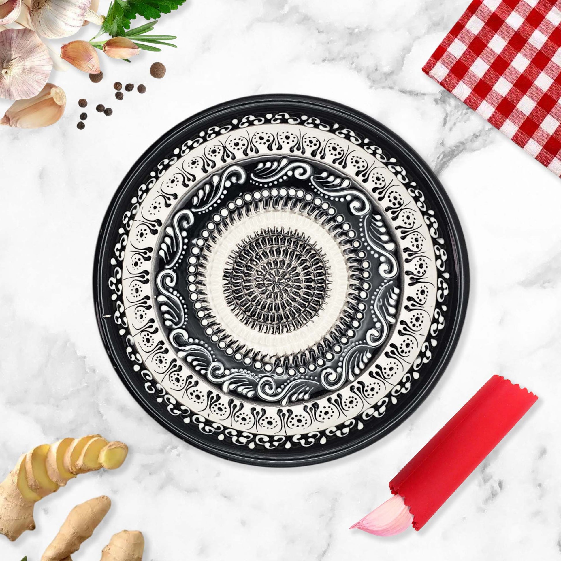 Handmade ceramic garlic grater bowl in Moonlight Maze design. Large 7” size, perfect for garlic, ginger & spices. Elegant monochrome style, dishwasher safe.