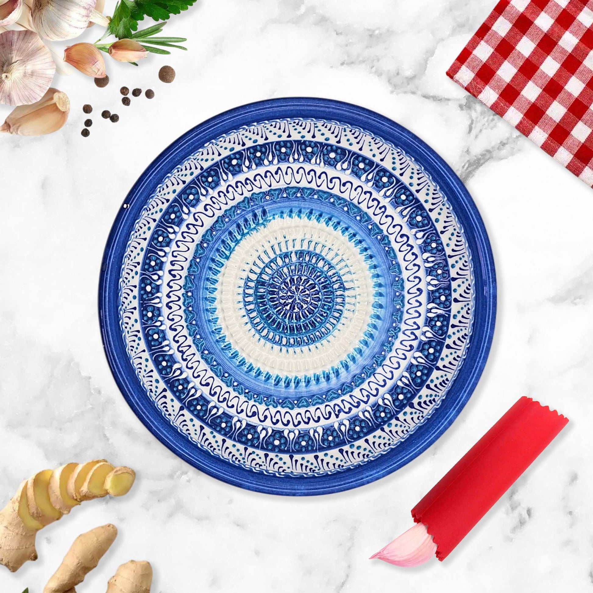 Handmade ceramic garlic grater bowl in Sapphire Dream design. Large 7” size, perfect for garlic, ginger & spices. Mediterranean blue artistry, dishwasher safe.