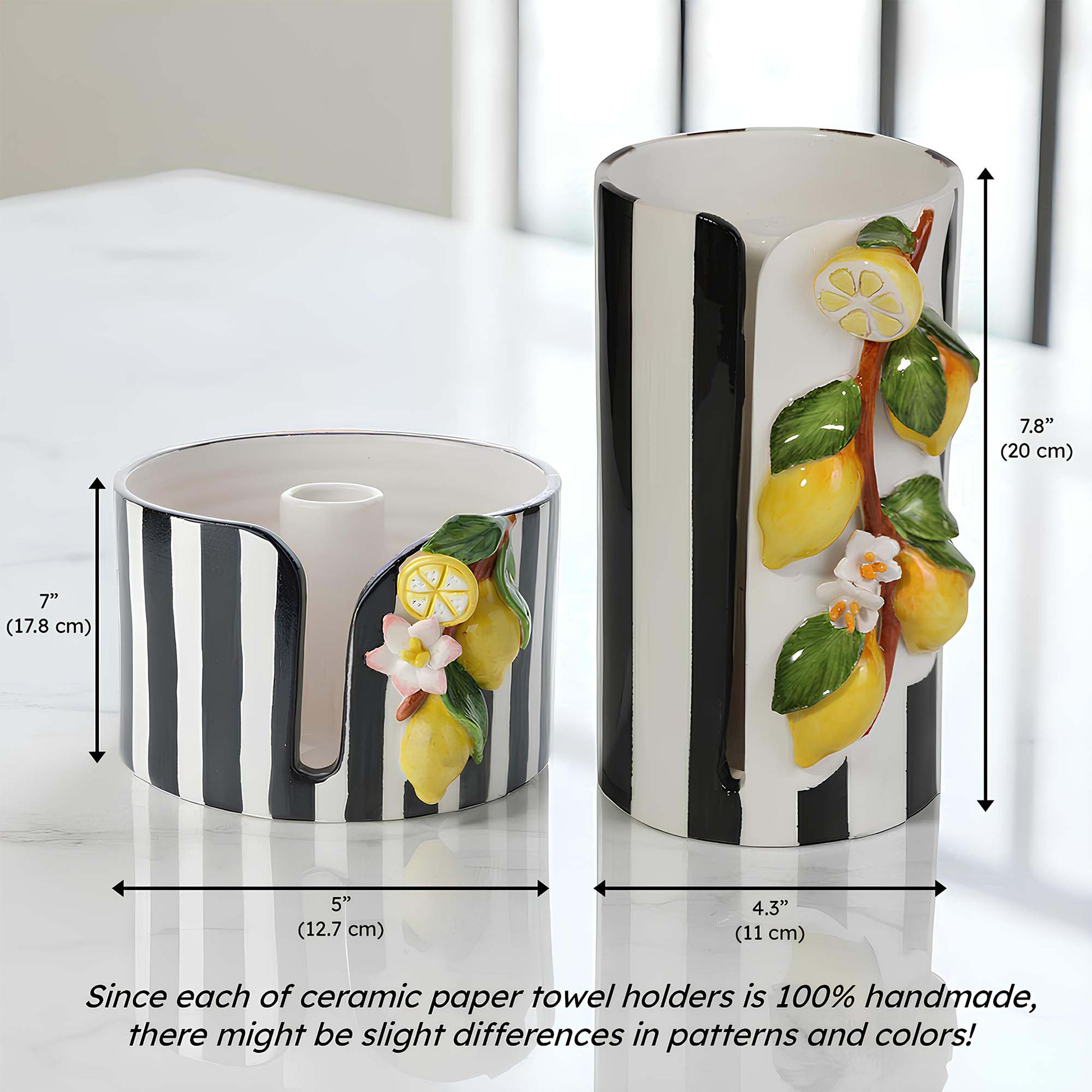 Ceramic paper towel holder with lemon design and measurements on a white background