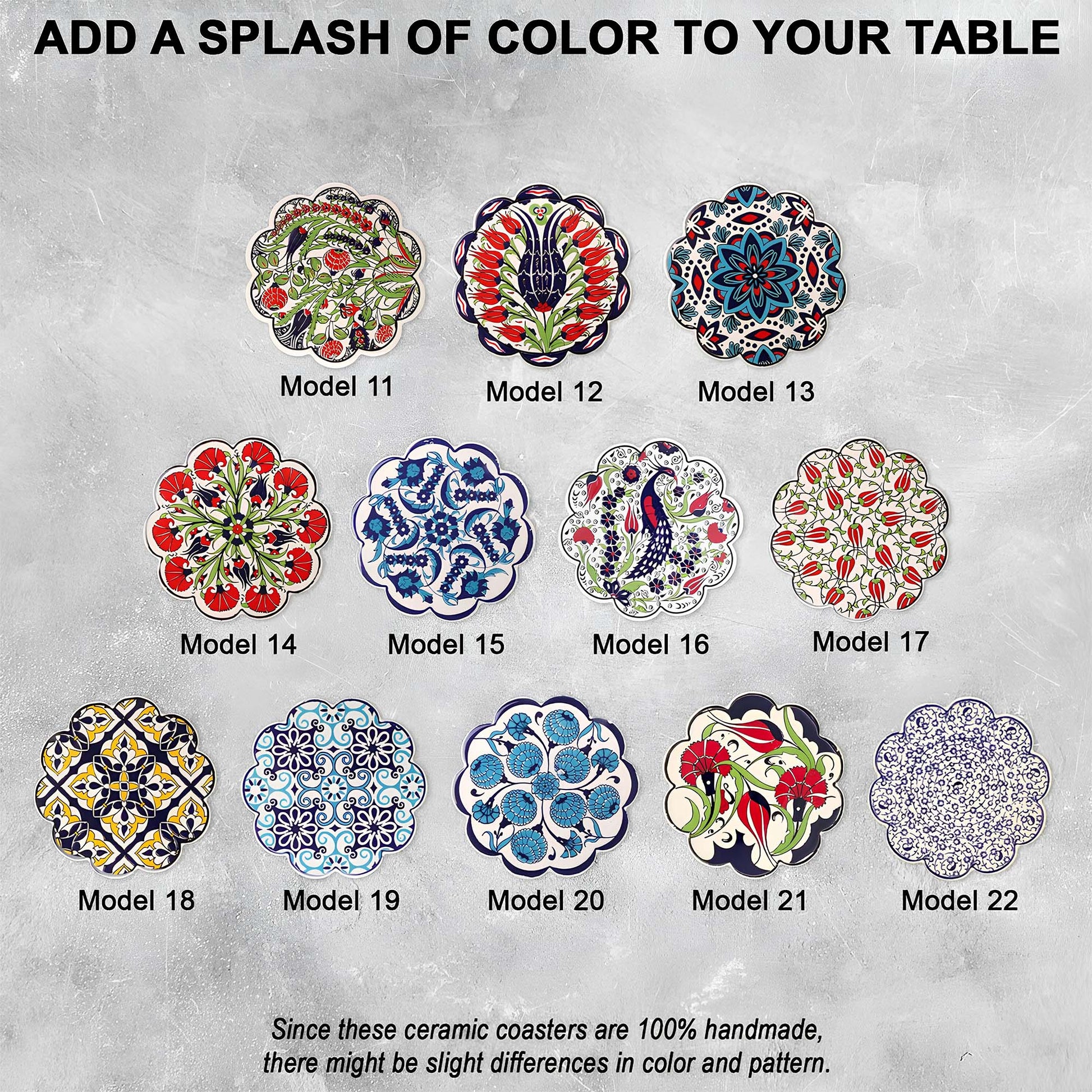 Ceramic coasters with various colorful patterns on a textured gray background.