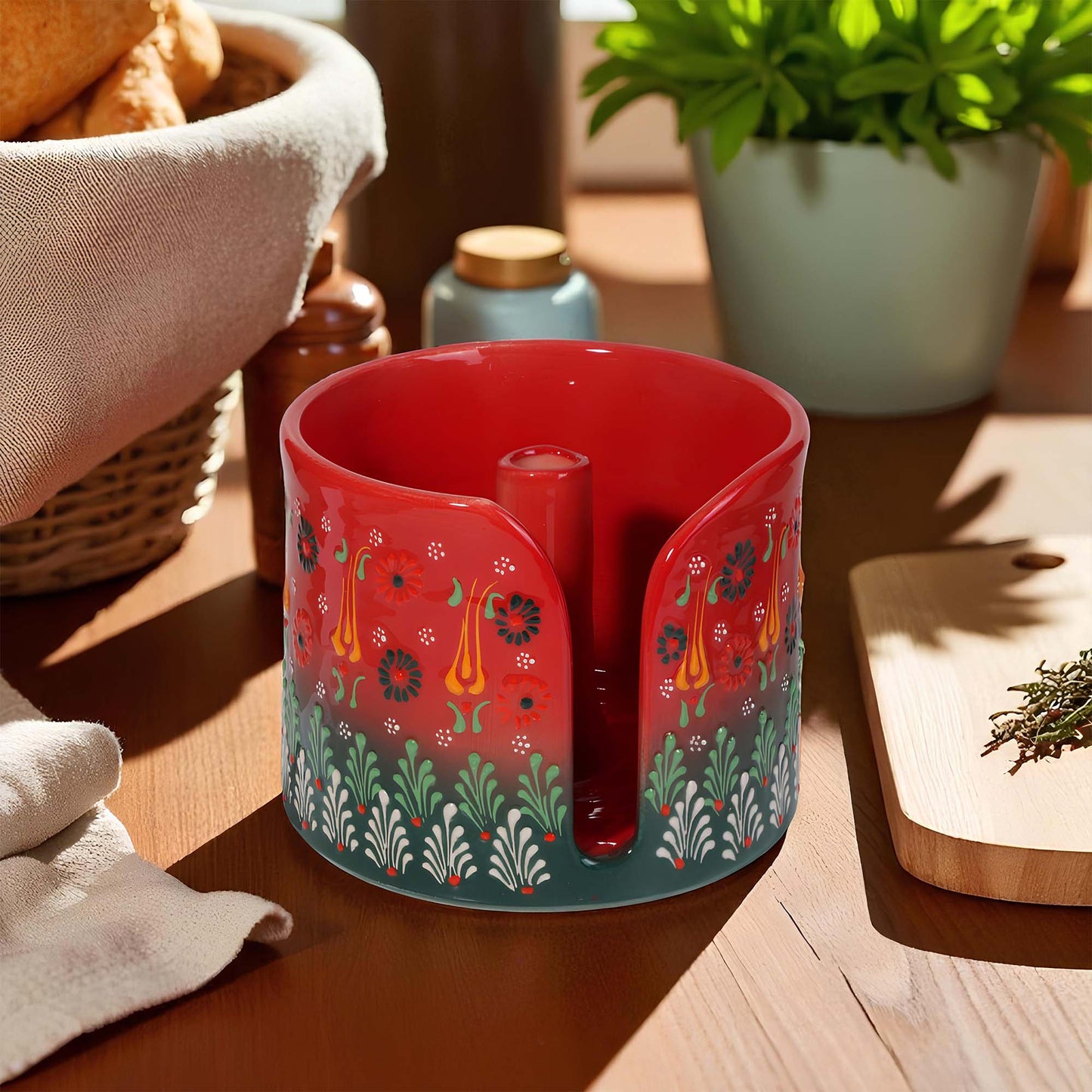Red ceramic paper towel holder with floral patterns on a wooden surface
