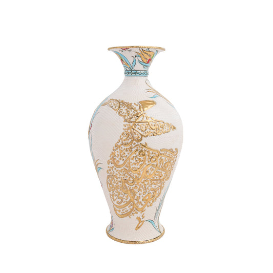 Handmade Ceramic Decorative Vase, Dervish Calligraphy Ceramic Vase, Golden Vase