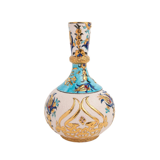 Handmade Ceramic Decorative Vase, Turquoise Calligraphy Ceramic Vase, Golden Vase