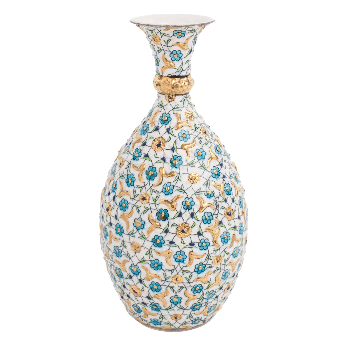 A handcrafted ceramic decorative bottle with hand-painted turquoise and gold floral patterns against an ivory base.
