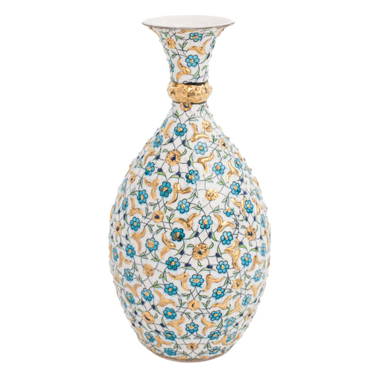 A handcrafted ceramic decorative bottle with hand-painted turquoise and gold floral patterns against an ivory base.