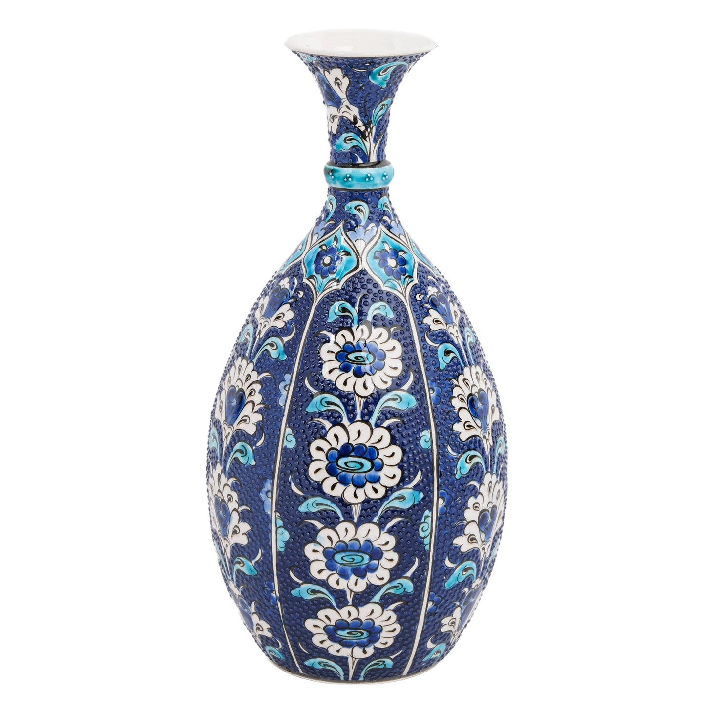 A hand-painted ceramic decorative bottle with a floral motif, primarily in blue and white colors against a navy blue background.
