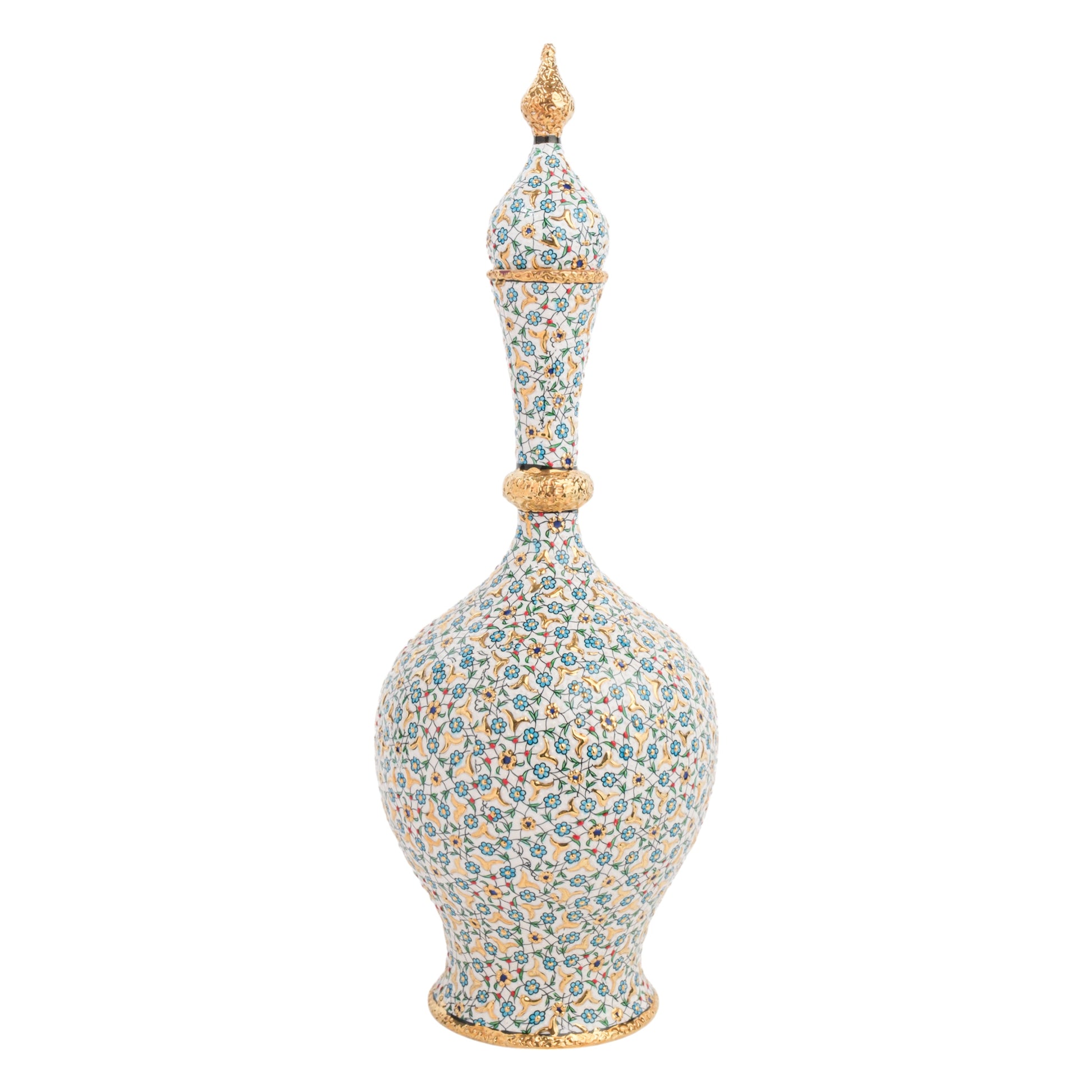 A hand-painted ceramic decorative bottle with a floral minaret design, featuring turquoise and gold patterns on a glossy finish.