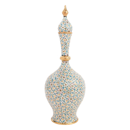 A hand-painted ceramic decorative bottle with a floral minaret design, featuring turquoise and gold patterns on a glossy finish.