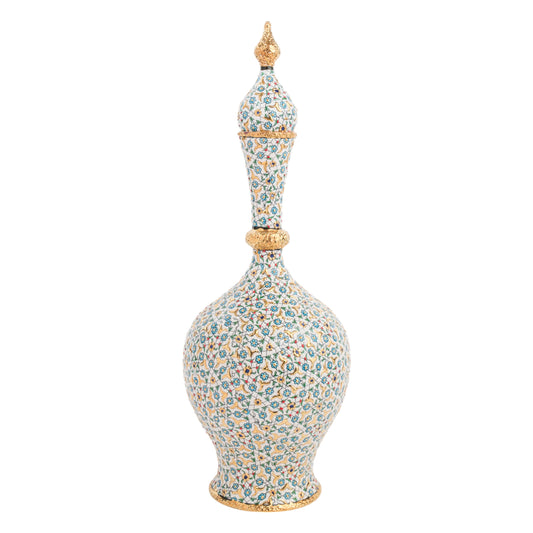 A hand-painted ceramic decorative bottle with a floral minaret design, featuring turquoise and gold patterns on a glossy finish.