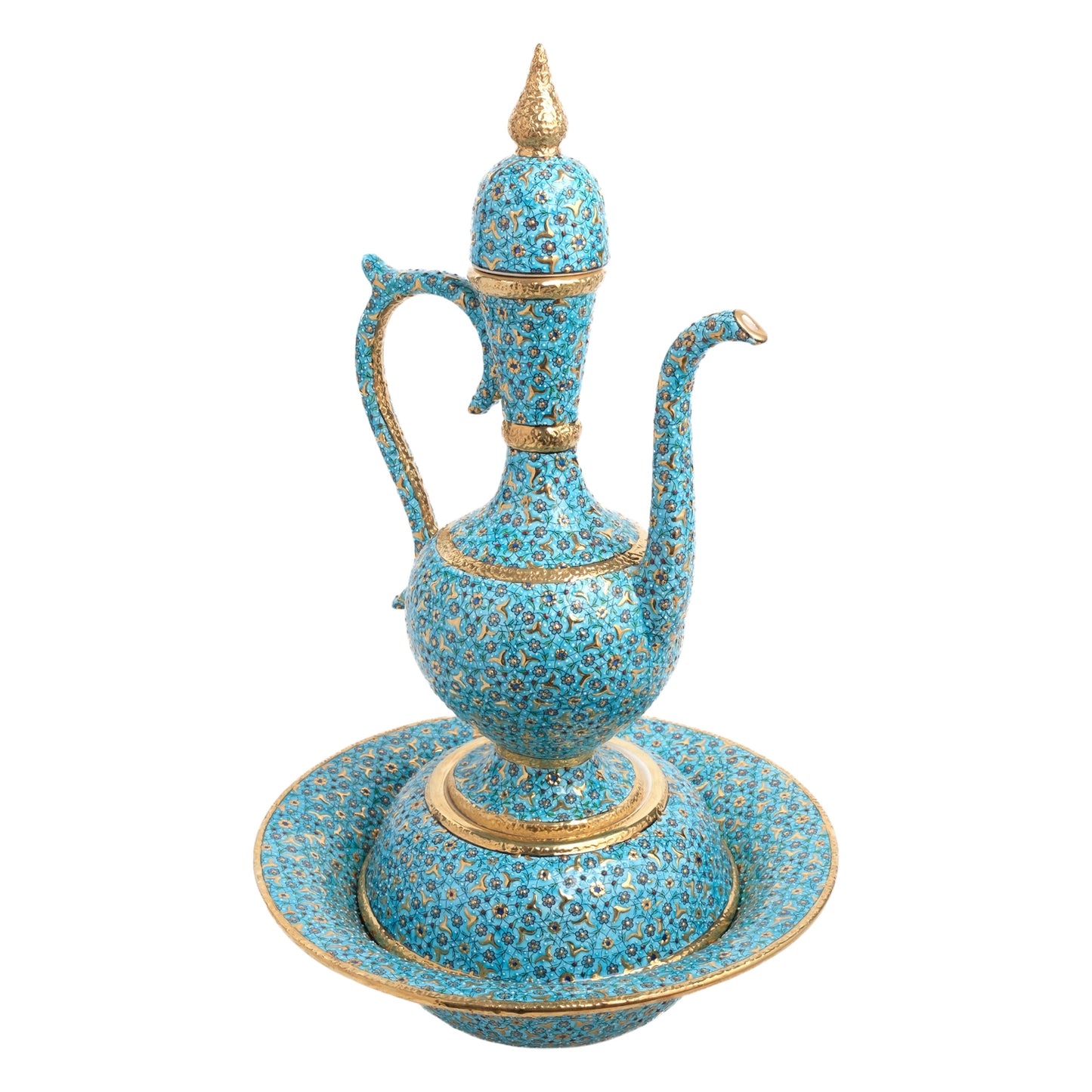 A hand-painted ceramic decorative ewer set with a turquoise floral motif and gold detailing, including a tall slender-necked ewer with a pointed lid and a matching ceramic basin.