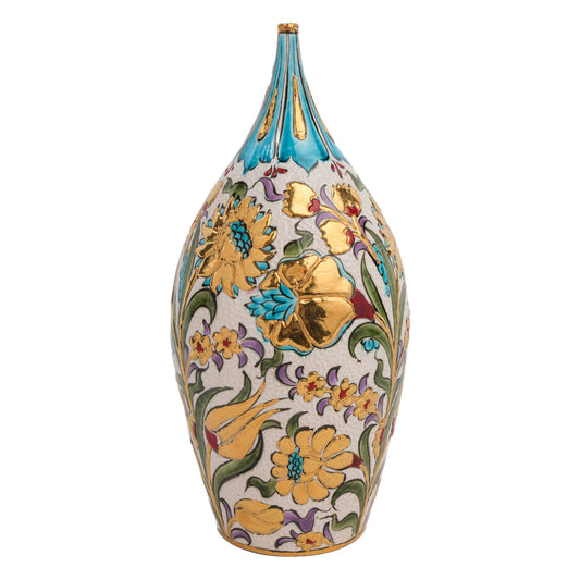 A hand-painted ceramic decorative bottle with a golden bloom floral design, featuring vibrant blossoms and elegant gold detailing on a glossy finish.