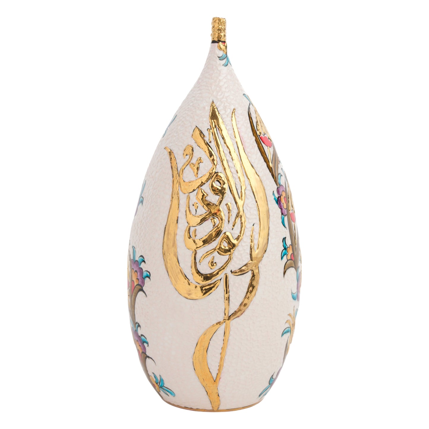 A handmade ceramic decorative bottle with hand-painted golden script on a textured white background.