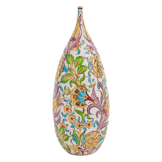 A hand-painted ceramic decorative bottle with a floral pattern, featuring gold details on a white background.