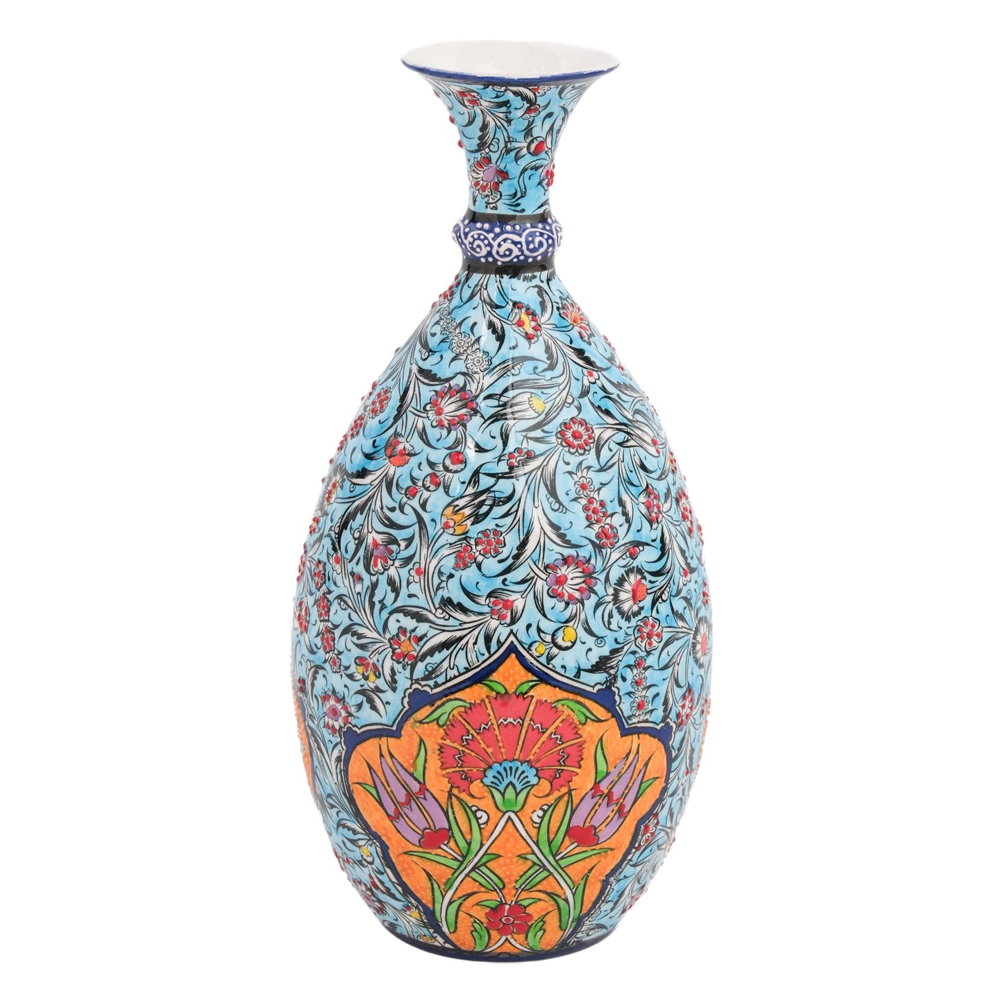 A hand-painted ceramic decorative bottle with a sky blue base, adorned with flowing botanical patterns in red, green, and black, and framed by a vivid orange medallion motif.