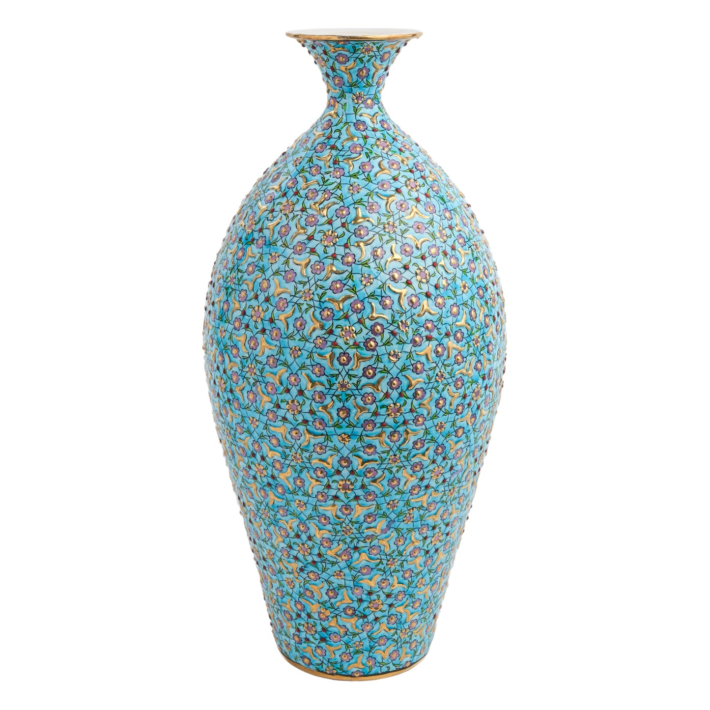 A hand-painted ceramic decorative bottle with a turquoise meadow design, featuring floral motifs and gold accents.