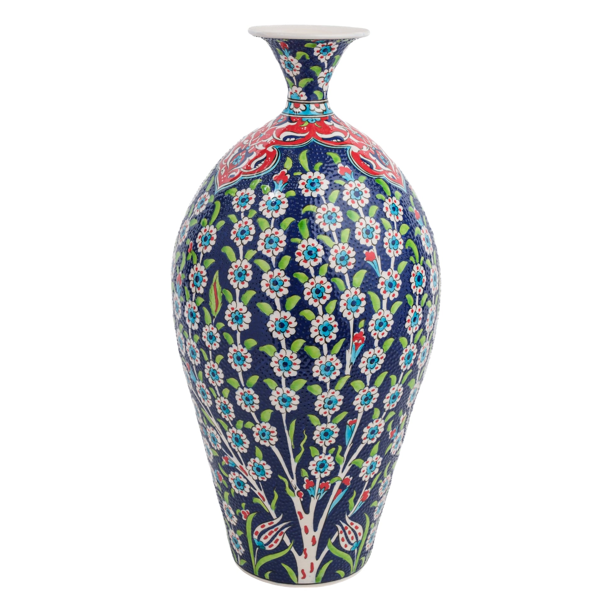 A hand-painted ceramic decorative bottle with a floral pattern, featuring blooming turquoise flowers and delicate green leaves on a rich navy background.