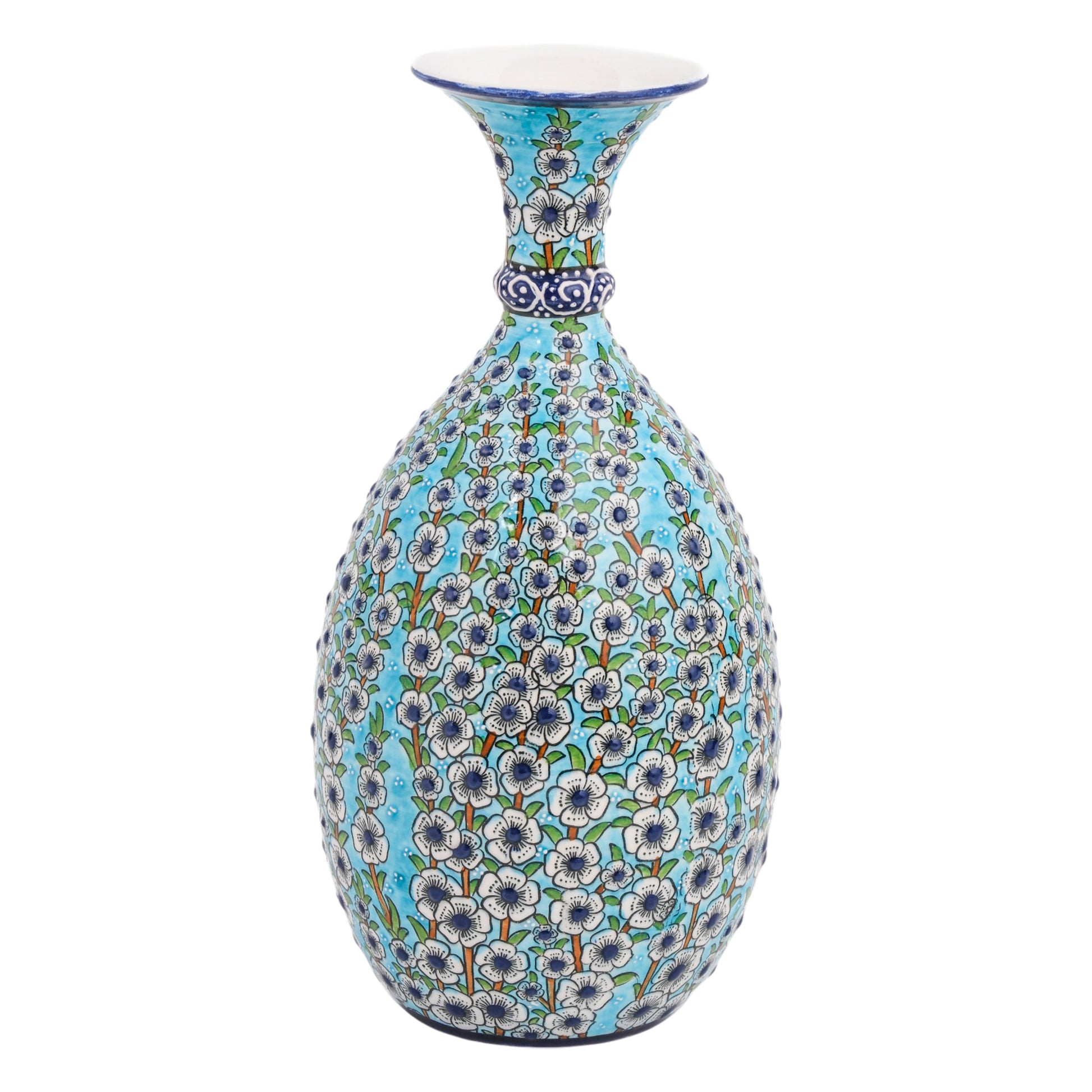A hand-painted ceramic decorative bottle with a turquoise background and white floral patterns.