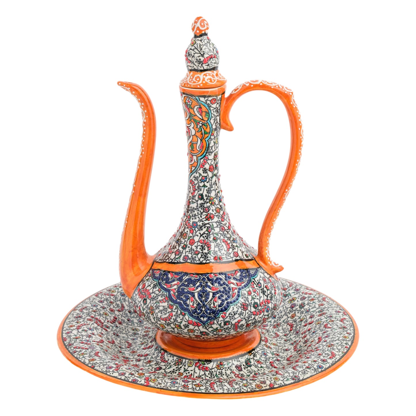 A hand-painted ceramic ewer and basin set with orange accents and floral patterns, intended for decorative use.