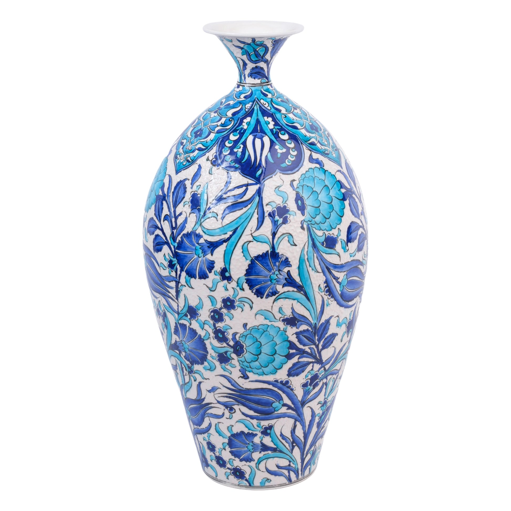 A hand-painted ceramic decorative bottle with a floral motif in white and turquoise against a deep navy blue background, with a glossy glazed surface.