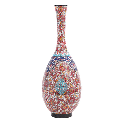 A hand-painted ceramic decorative bottle with a tall and elegant form, featuring a red ornament with floral motifs and blue and white details.