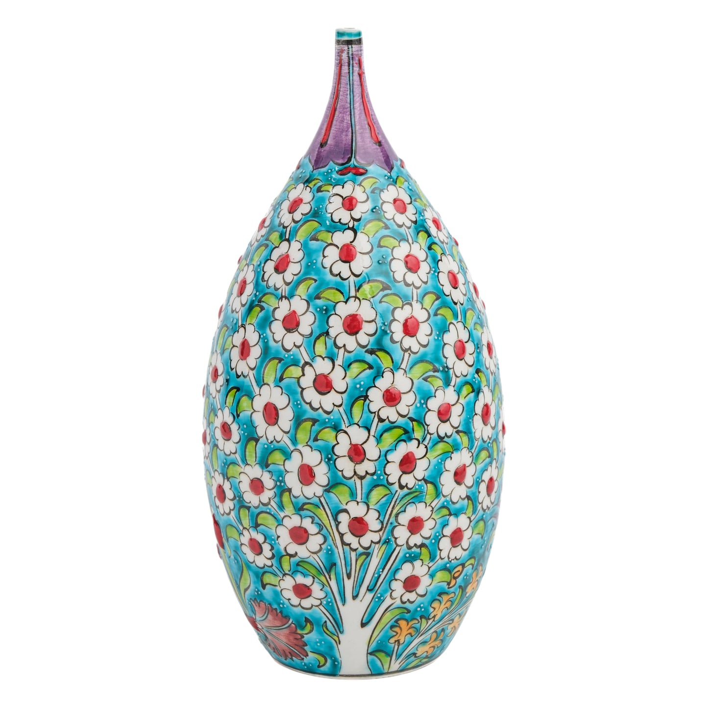 A hand-painted ceramic decorative bottle with a vibrant floral pattern in white, red, and green on a turquoise background, featuring a pointed top.