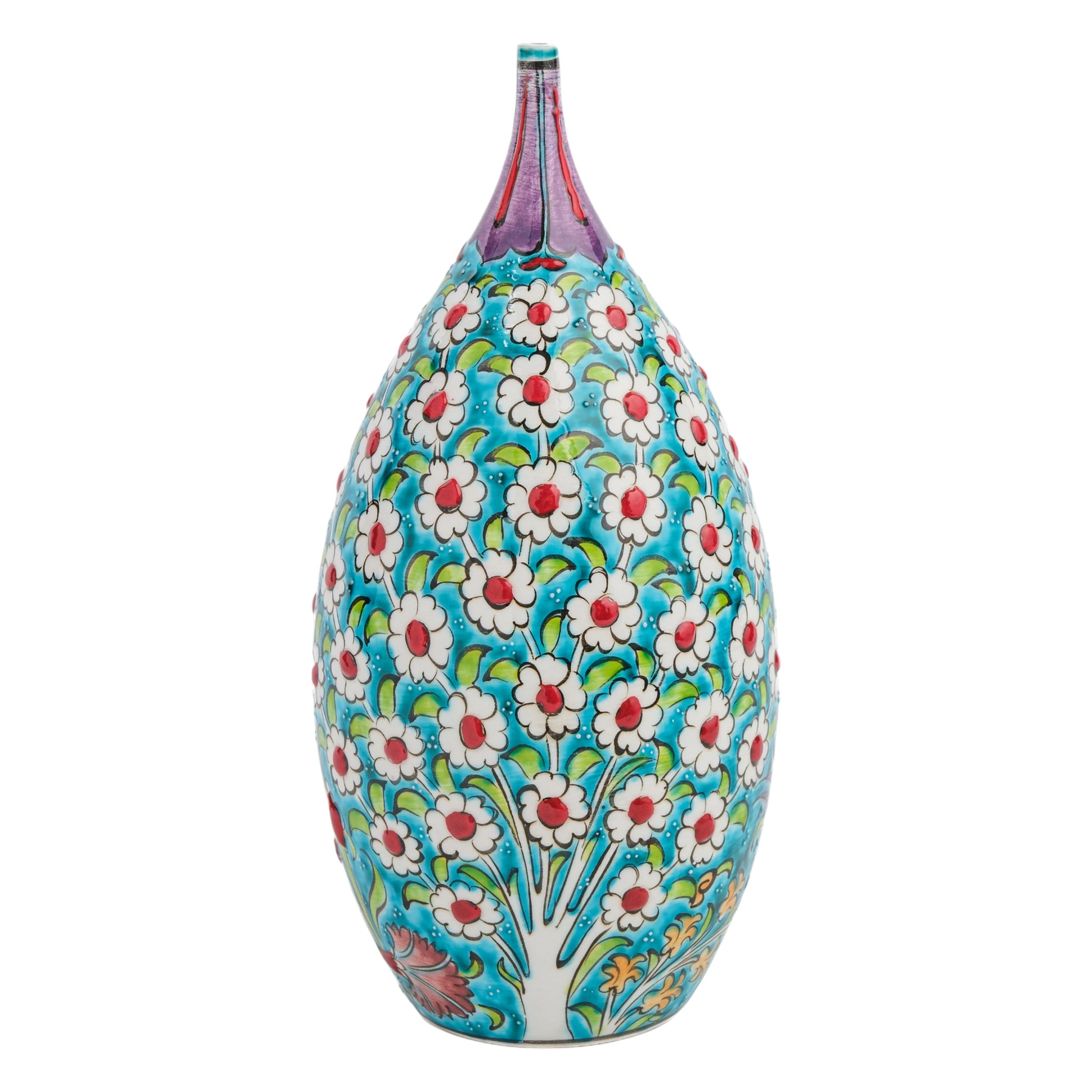 A hand-painted ceramic decorative bottle with a vibrant floral pattern in white, red, and green on a turquoise background, featuring a pointed top.