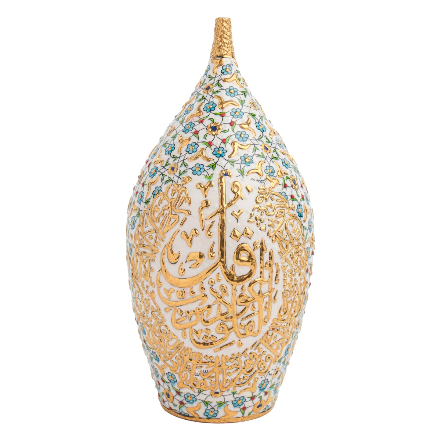 A hand-painted ceramic bottle with golden Quranic script and floral white background, featuring turquoise blossoms.