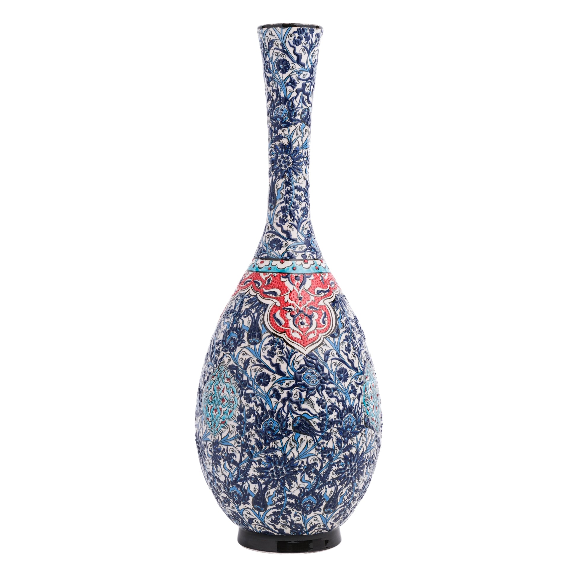A hand-painted ceramic decorative bottle with a floral pattern in blue, red, and white colors on a black background.