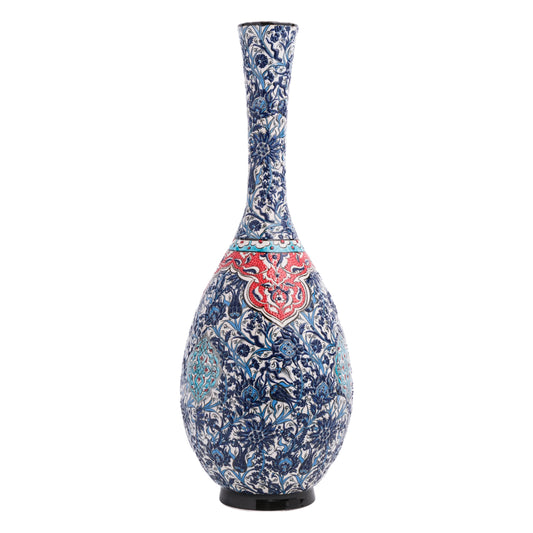 A hand-painted ceramic decorative bottle with a floral pattern in blue, red, and white colors on a black background.