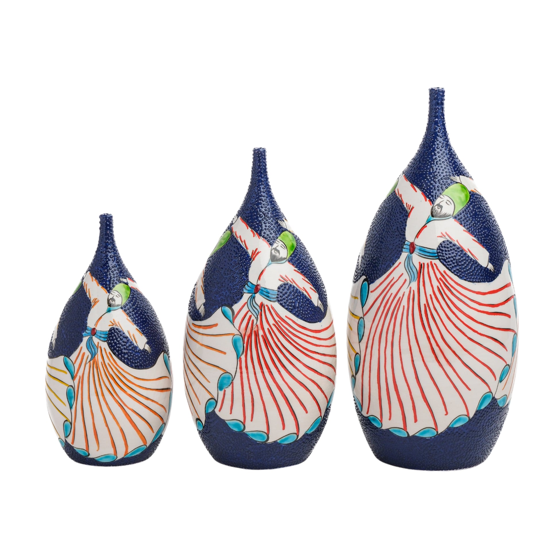 A set of three hand-painted ceramic bottles with whirling dervish figures, in sizes graduating from smallest to largest, with deep navy blue, bright red, turquoise, green, white, and golden accents.